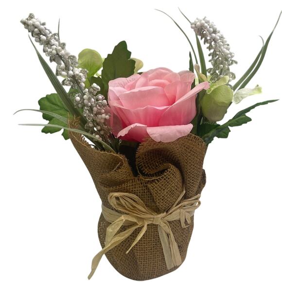 Vintage Faux Flower Rose Lavender Burlap Covered Rustic Tabletop Bouquet - Picture 1 of 4